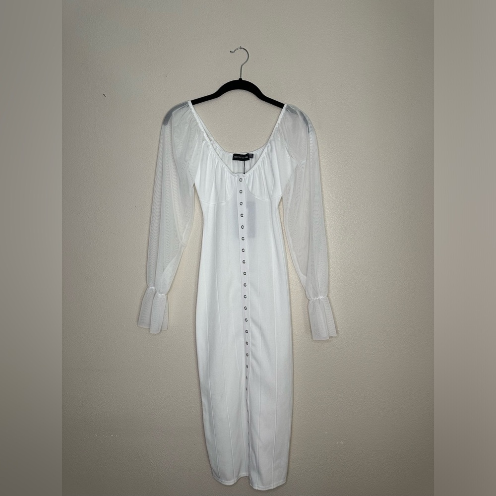 pretty little thing white hook eye mesh sleeve midi dress